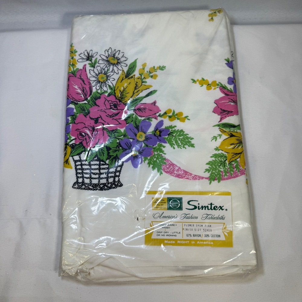 Vintage Simtex Flower Show Pink Floral Tablecloth 52x69 NOS Made in USA